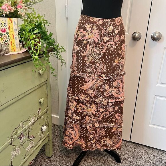 Anthropologie Dresses & Skirts - Anthropologie Tapemeasure 100%Linen Brown Pink Floral Paisley Ruffle Maxi Skirt